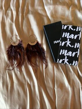 mark. Brown Feather and Gold Hoop Drop Earrings